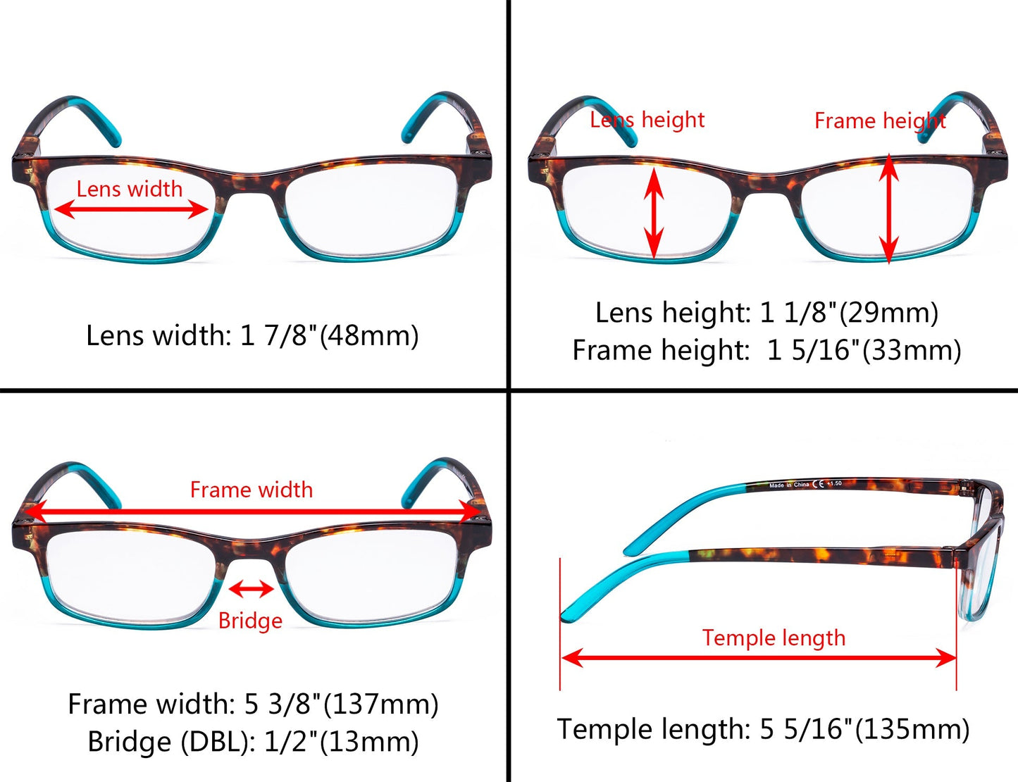 5 Pack Stylish Rectangle Reading Glasses for Women R111D